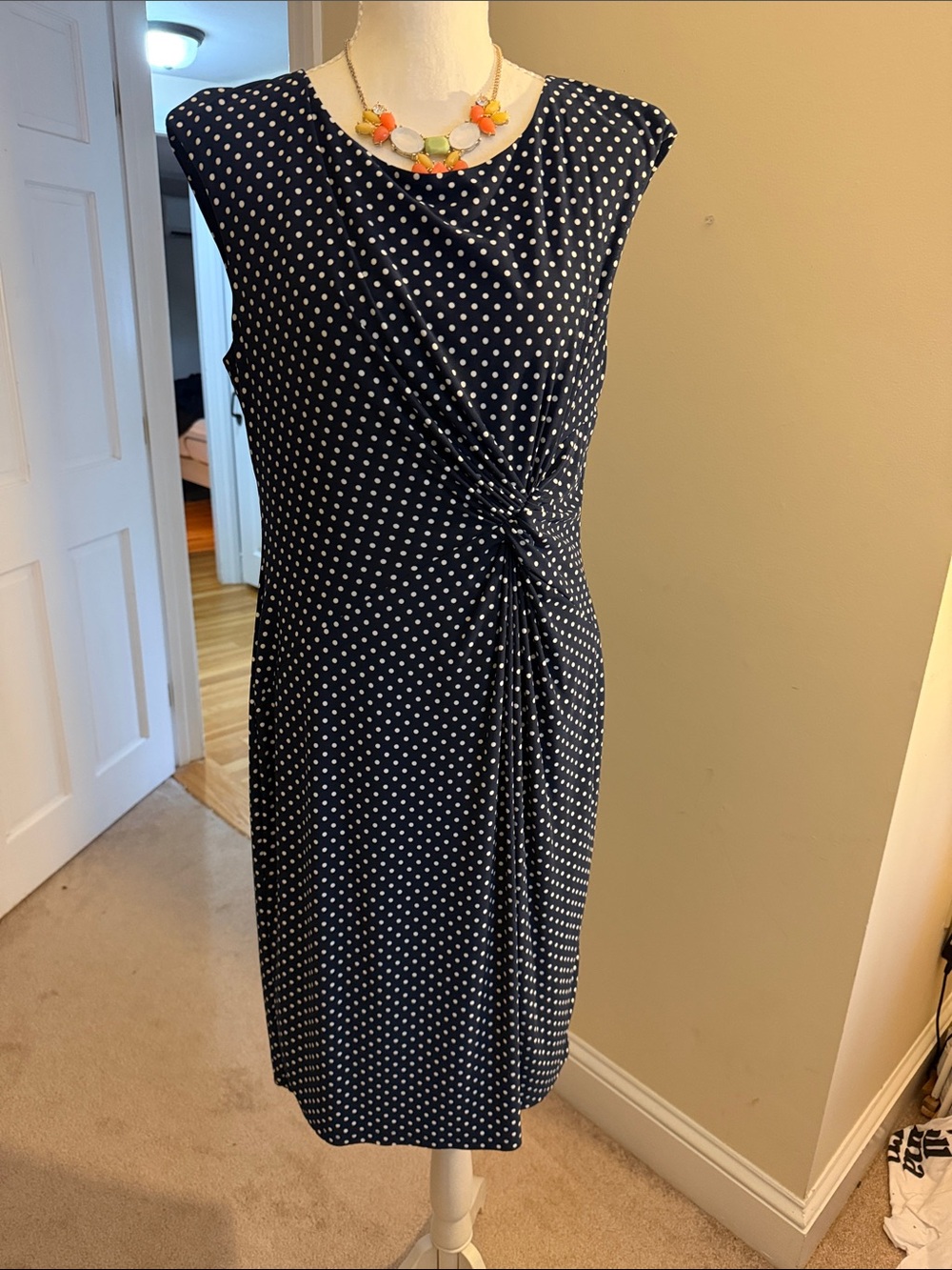 Jones New York Navy Polka Dot Twist-Detail Midi Dress
